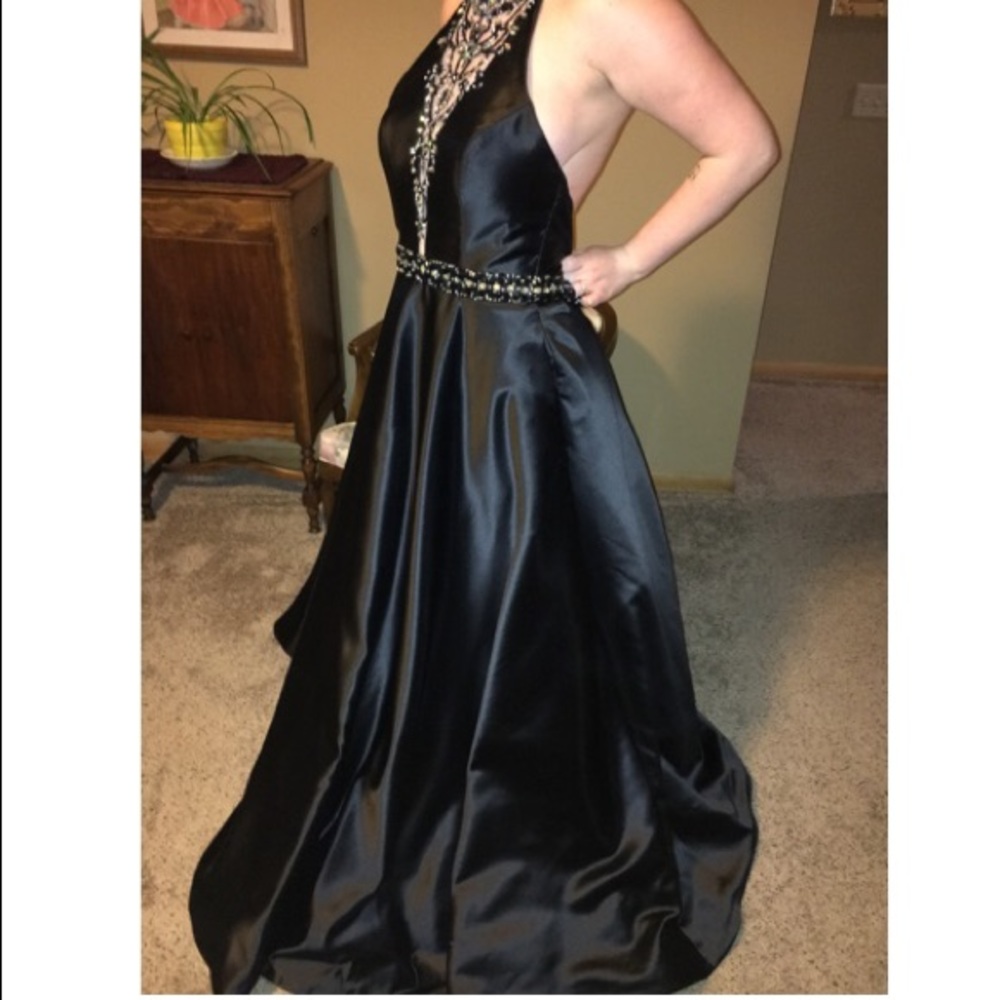 Black open back prom dress